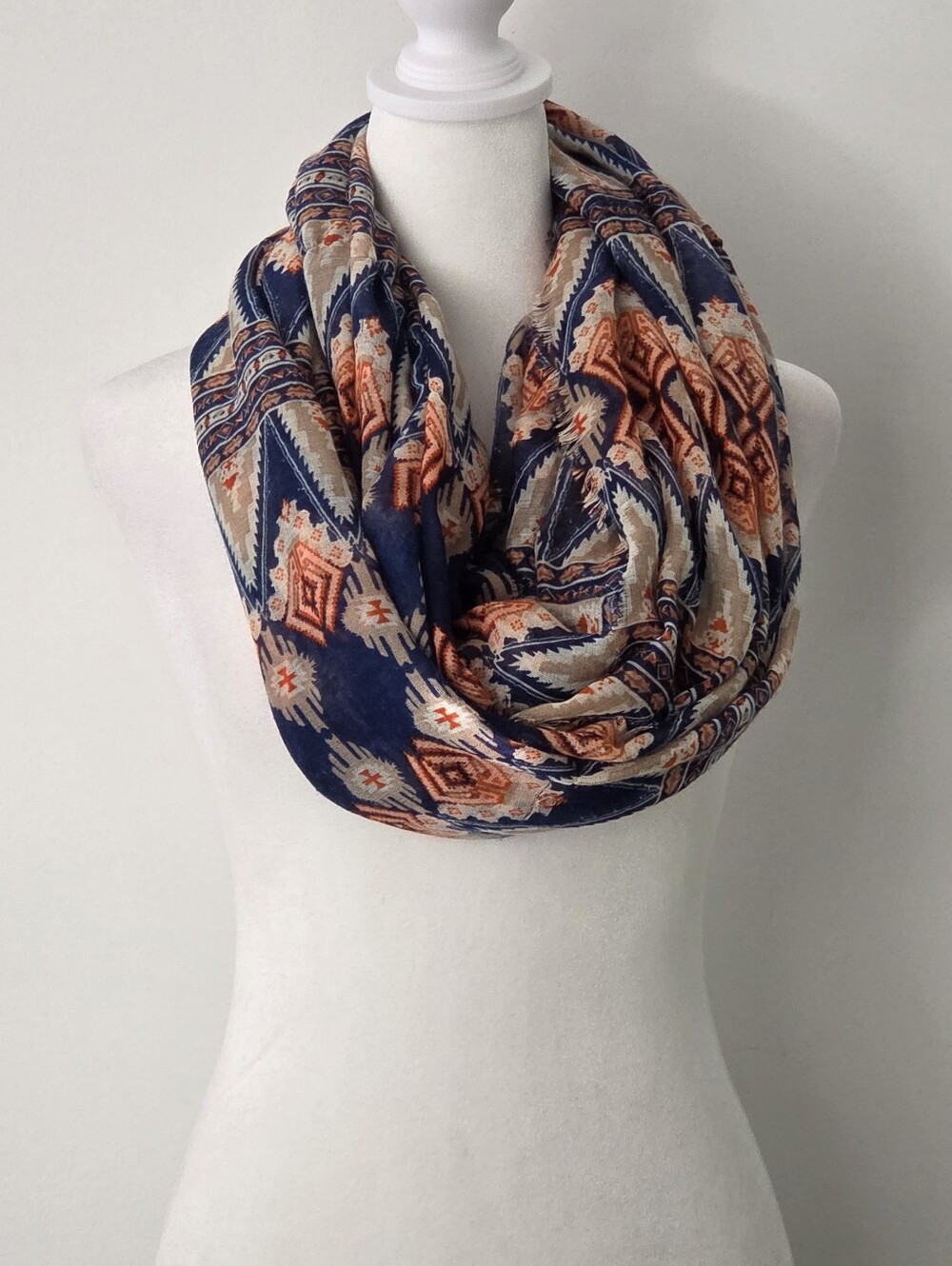 Patterned Infinity Scarf in Navy and Tan